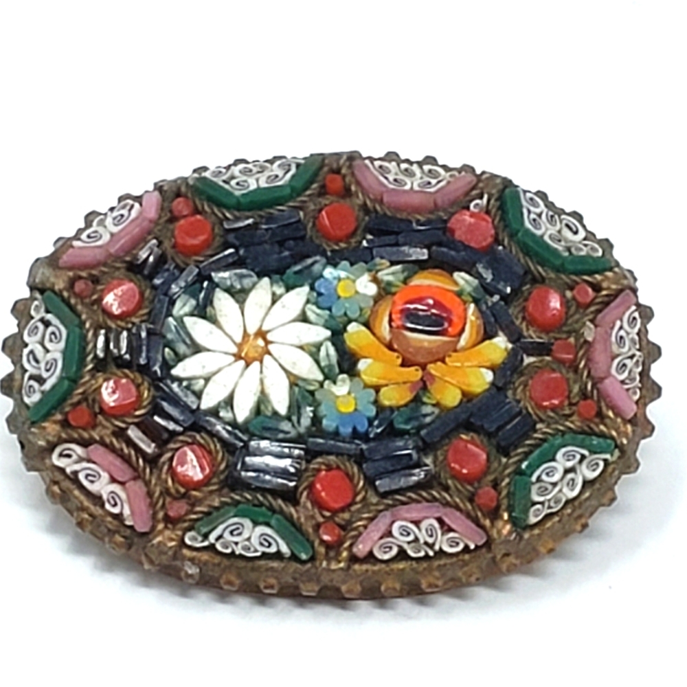Vintage Signed Micro Mosaic Floral Oval Pin Brooch Black/Red/Yellow Whit C Clamp